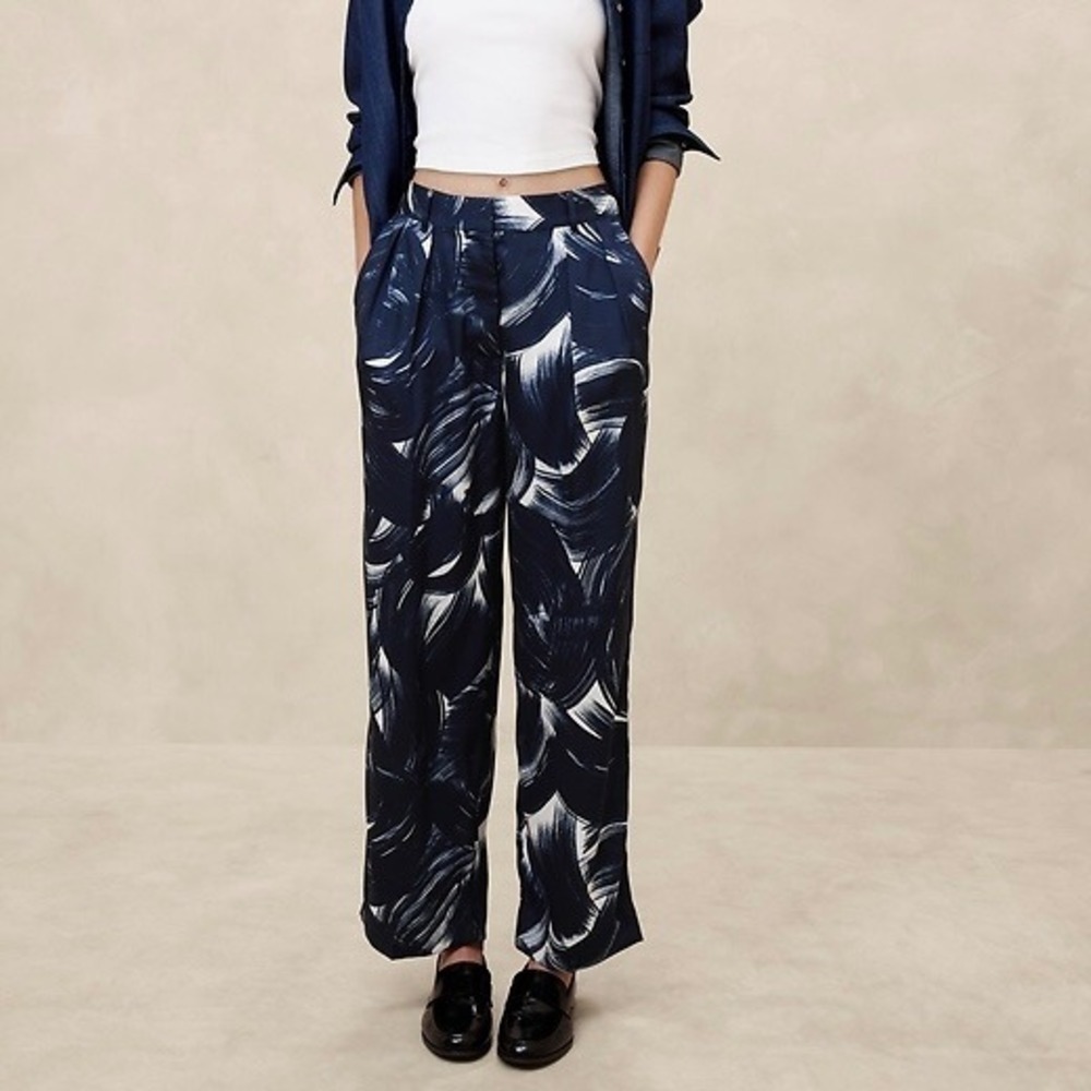 Banana Republic Blue & White Paint Stroke Relaxed Pleated‎ Wide Leg Trousers 14